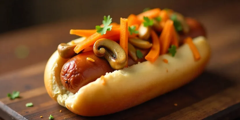 A delicious gourmet homemade hot dog with juicy sausage, sautéed mushrooms, tangy Korean carrots, and melted cheese, all in a soft, toasted bun with fresh herbs, served on a rustic wooden table.