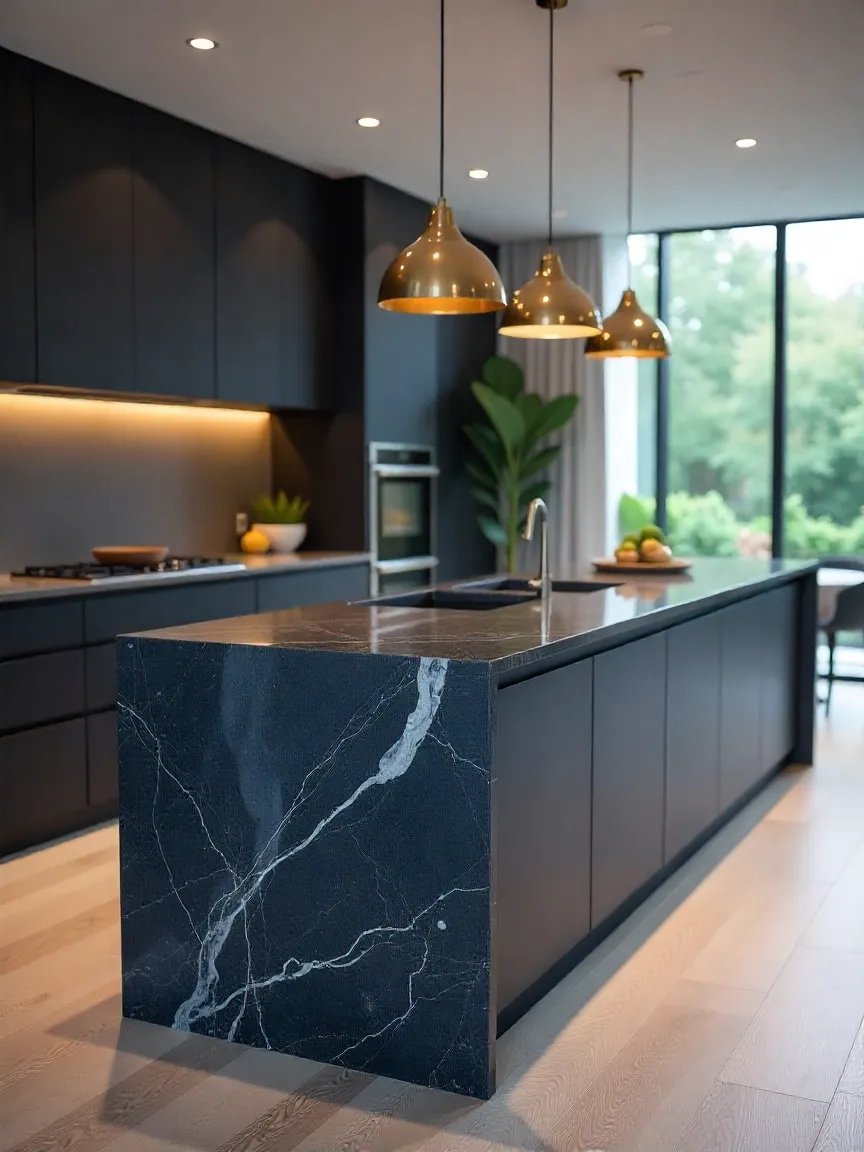Modern kitchen with a polished granite countertop island featuring natural veining.
