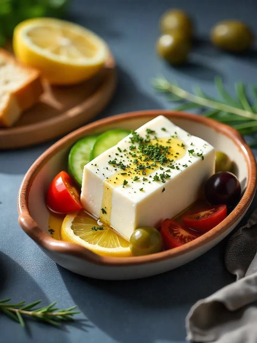 Authentic Greek feta cheese with olive oil, oregano, olives, cucumber, tomatoes, and lemon on a Mediterranean table.