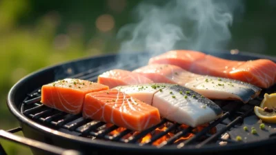 Grilled fish fillets on a BBQ grill with tools like a fish spatula and grilling baskets, surrounded by fresh herbs and lemon slices, creating an inviting outdoor grilling atmosphere.