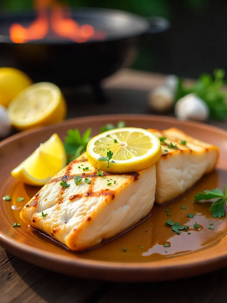 Grilled lemon garlic swordfish fillet with golden-brown sear, garnished with lemon slices and parsley, placed on a rustic plate with a sunny BBQ setup in the background.