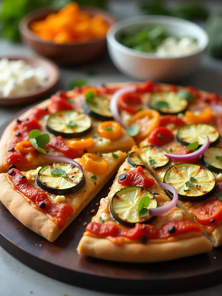 Grilled vegetable pizza on whole wheat crust with bell peppers, zucchini, red onion, and fresh herbs.