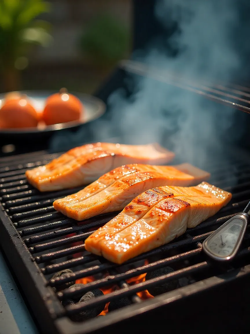 Grilled fish fillets with a perfect sear on the grates, surrounded by grilling tools like a fish spatula and tongs, with a sunny outdoor BBQ setup in the background.