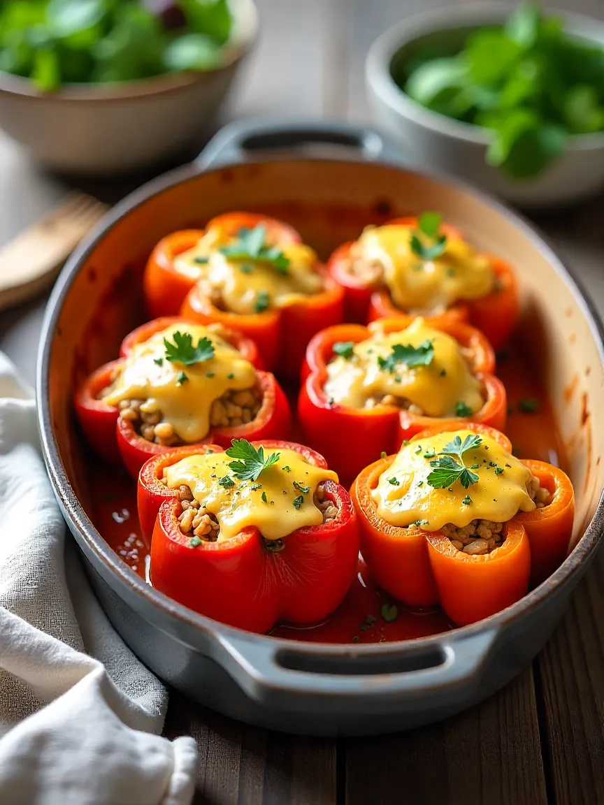 Colorful bell peppers stuffed with ground turkey, rice, and herbs, topped with melted cheese and garnished with fresh parsley.