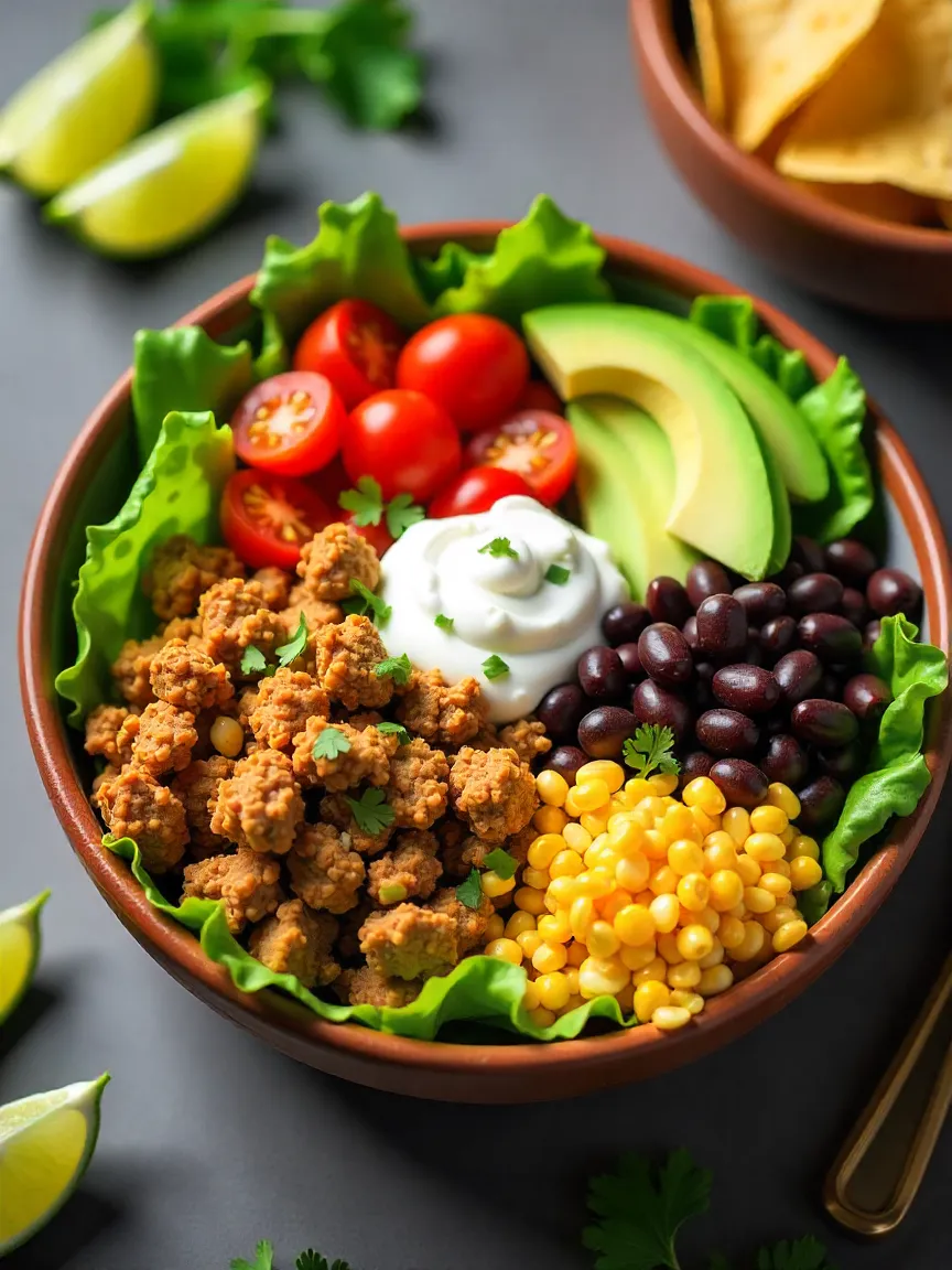 Colorful ground turkey taco salad with fresh vegetables, beans, avocado, and yogurt.