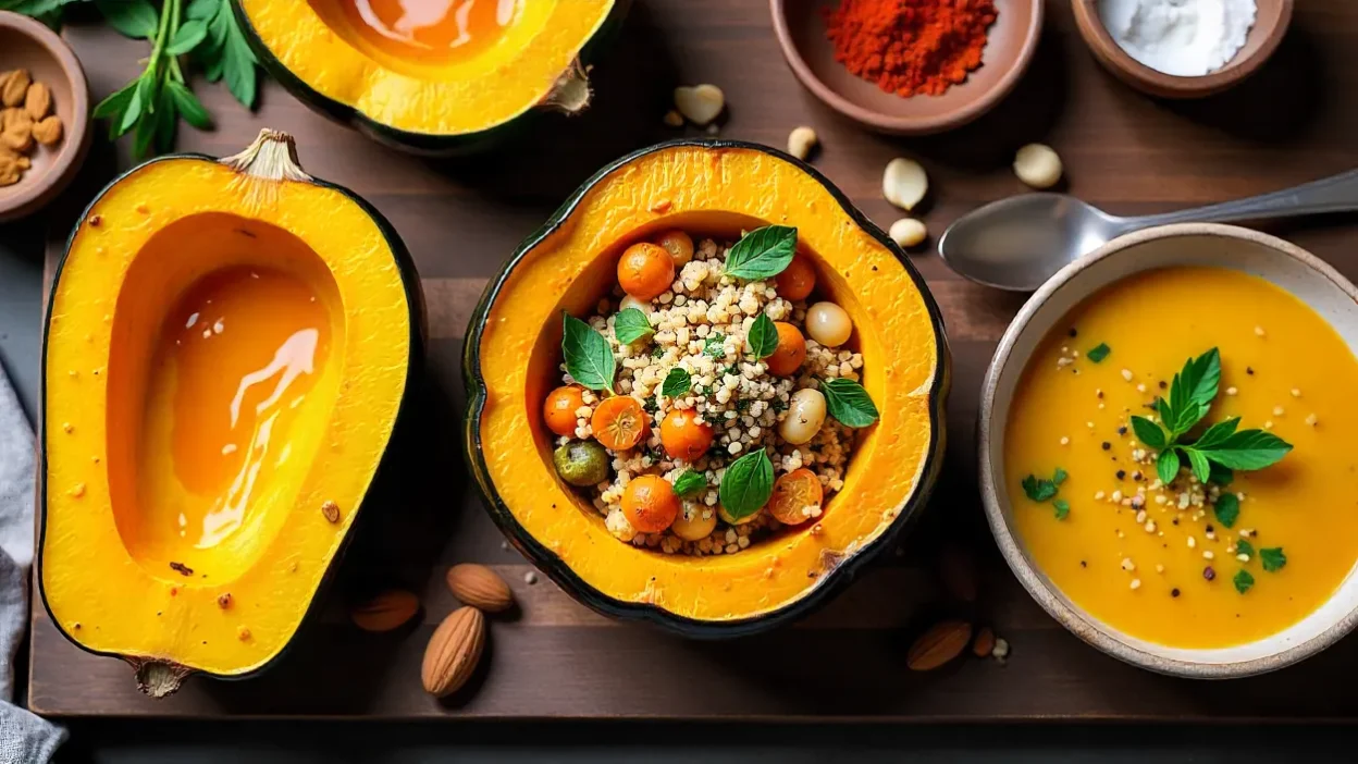 Healthy acorn squash recipes including roasted wedges, stuffed acorn squash with quinoa, and creamy squash soup served on a rustic table.