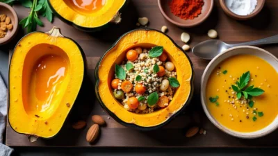 Healthy acorn squash recipes including roasted wedges, stuffed acorn squash with quinoa, and creamy squash soup served on a rustic table.