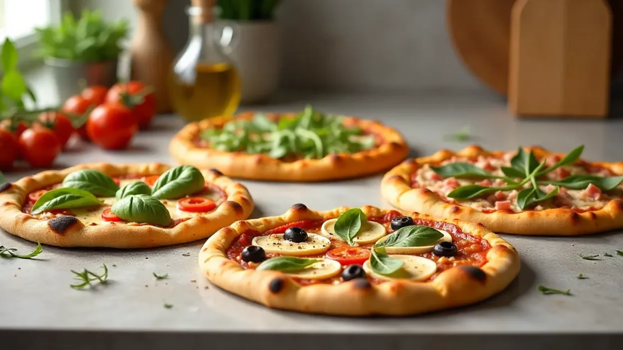 Five healthy homemade pizzas with fresh toppings and various crusts displayed on a kitchen counter.