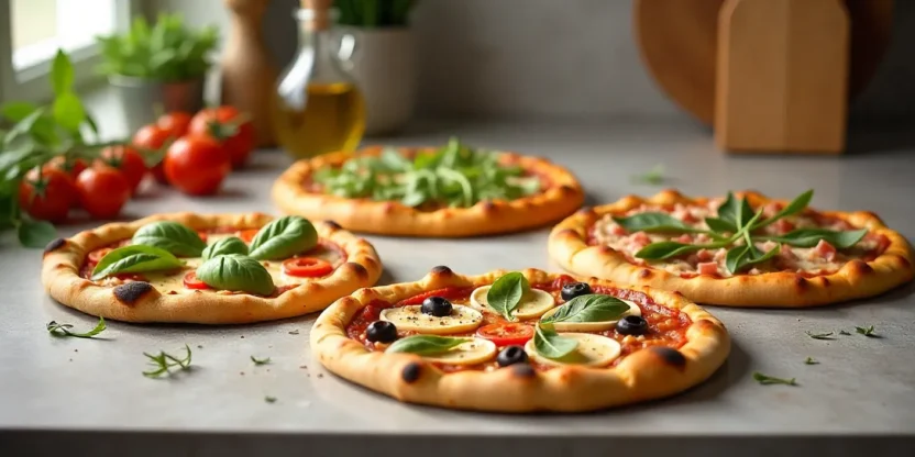 Five healthy homemade pizzas with fresh toppings and various crusts displayed on a kitchen counter.