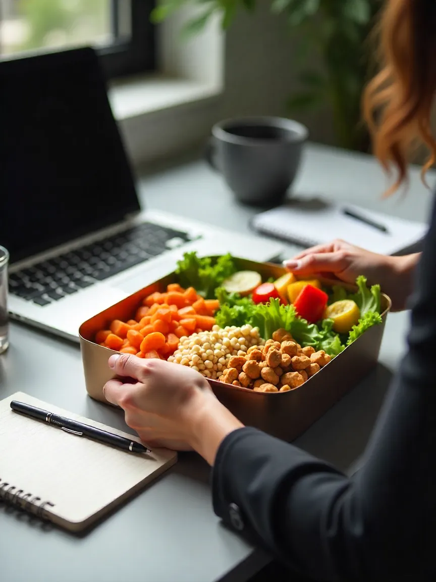 Professional eating a healthy homemade lunch at a desk, showing how nutritious meals boost energy, focus, and productivity at work.