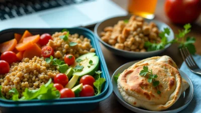 Healthy work lunch ideas including salad jars, wraps, and grain bowls in reusable containers on a desk with a laptop.