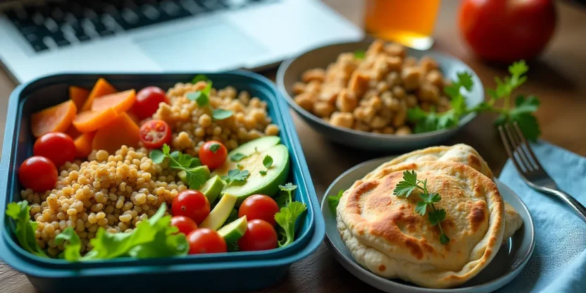 Healthy work lunch ideas including salad jars, wraps, and grain bowls in reusable containers on a desk with a laptop.