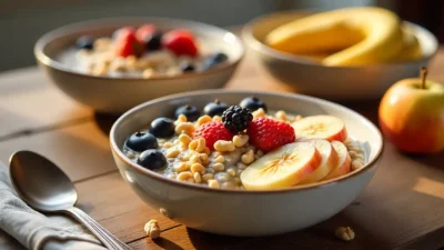 Healthy oatmeal bowls topped with fresh fruits, nuts, and seeds on a wooden table, showcasing delicious breakfast recipes for weight loss.