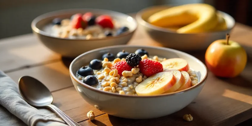 Healthy oatmeal bowls topped with fresh fruits, nuts, and seeds on a wooden table, showcasing delicious breakfast recipes for weight loss.