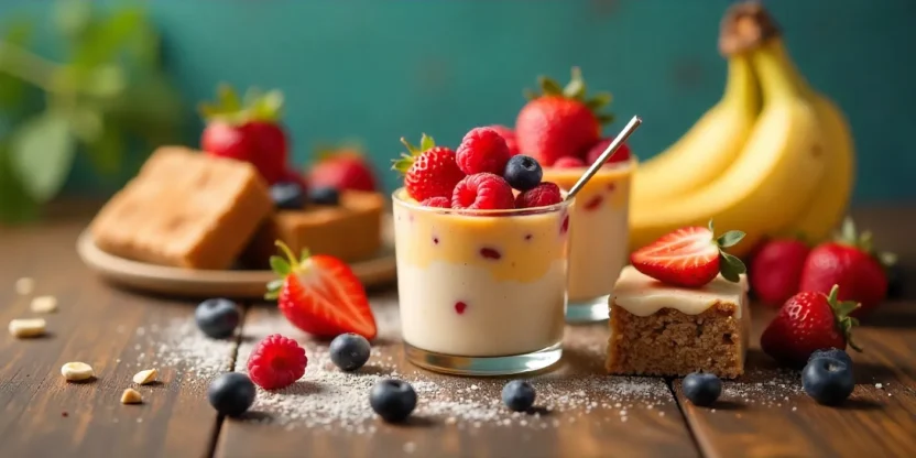 Colorful low-calorie desserts with fresh fruits and vegan treats on a wooden table.