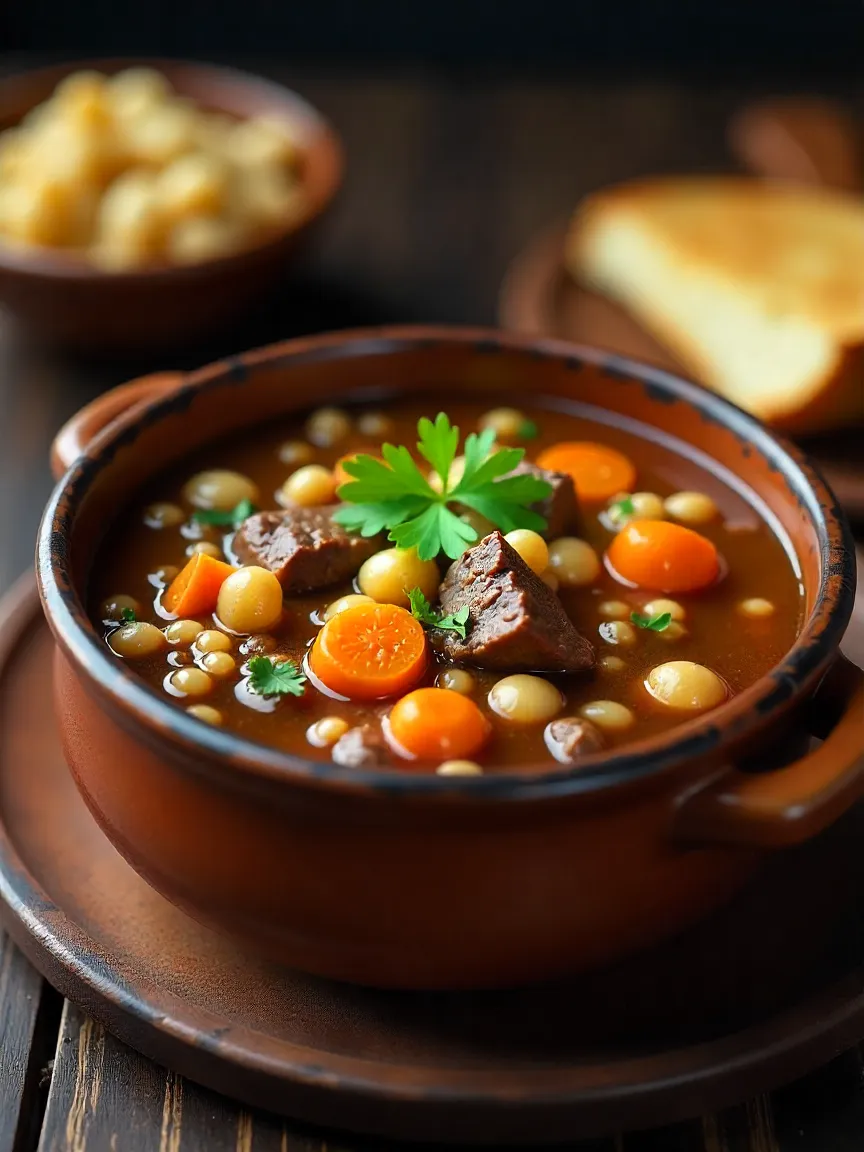 A bowl of hearty beef barley soup with tender beef, barley, vegetables, and fresh herbs, served with crusty bread.