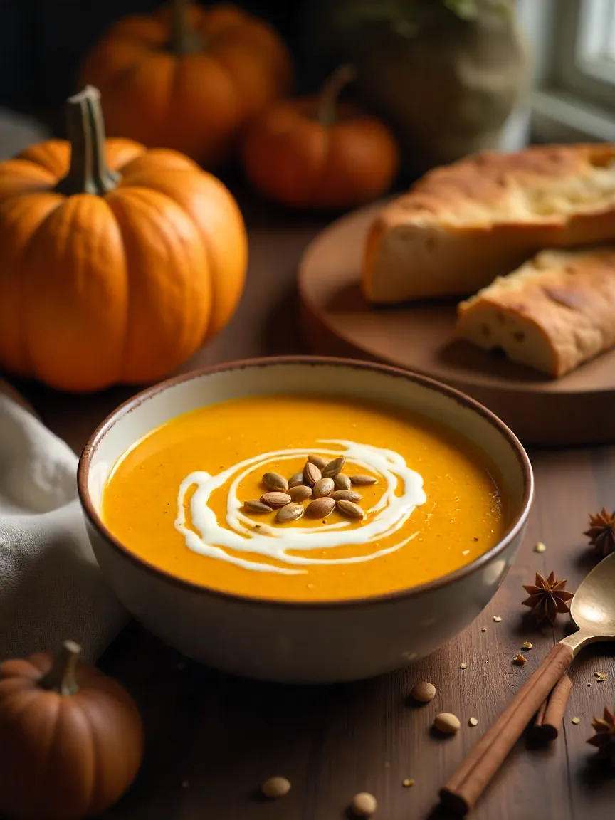 Warm bowl of creamy pumpkin soup topped with seeds and cream, surrounded by pumpkins, spices, and rustic bread on a wooden table.
