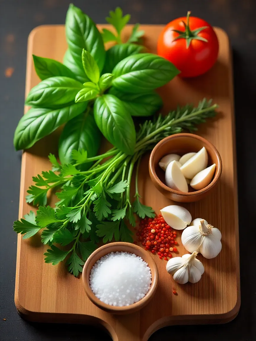 Fresh herbs, garlic, bay leaves, and spices on a wooden board for seasoning tomato seafood soup.