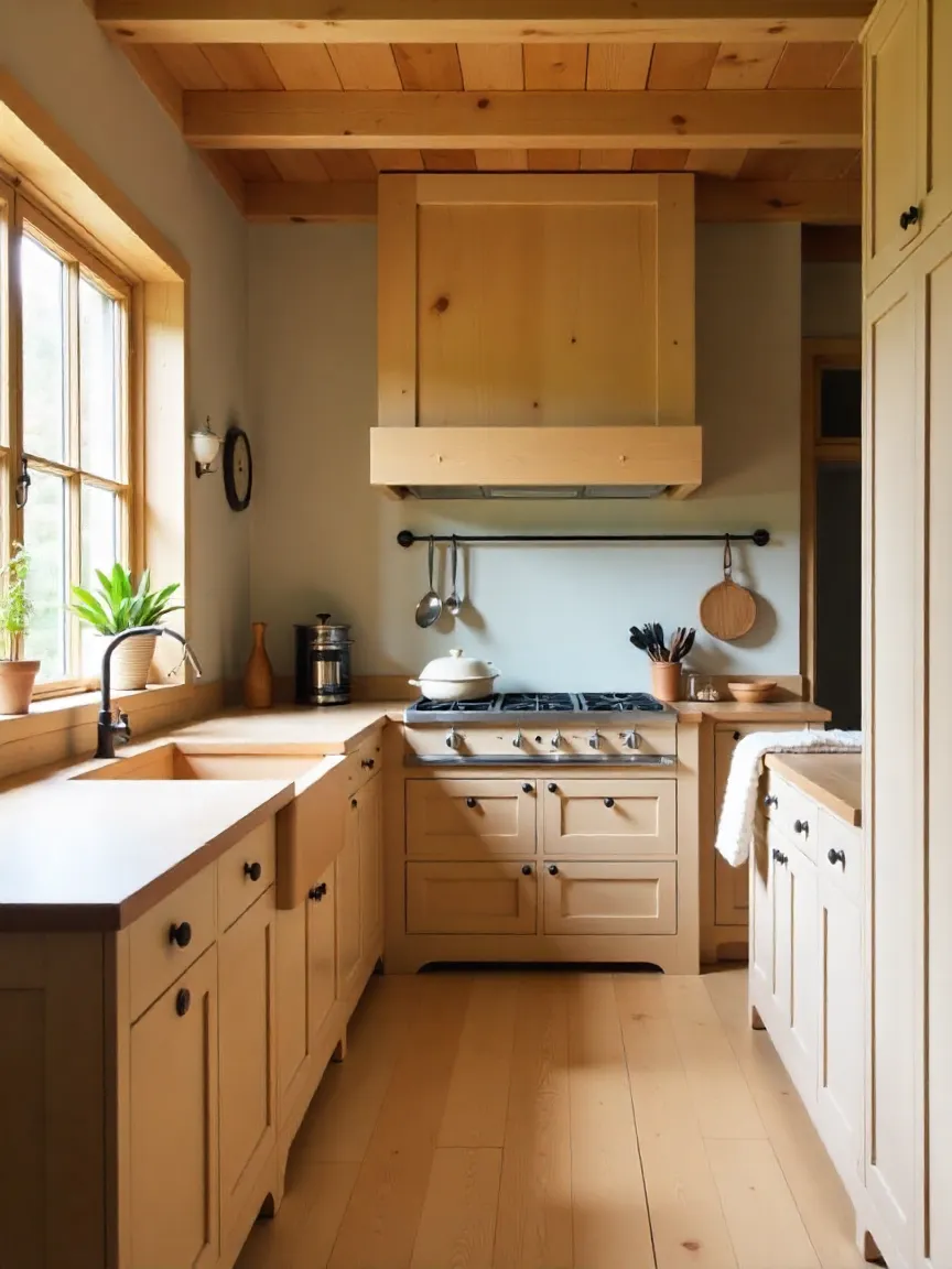 Traditional Shaker kitchen with handcrafted wooden cabinets and simple rustic design reflecting 18th-century origins.
