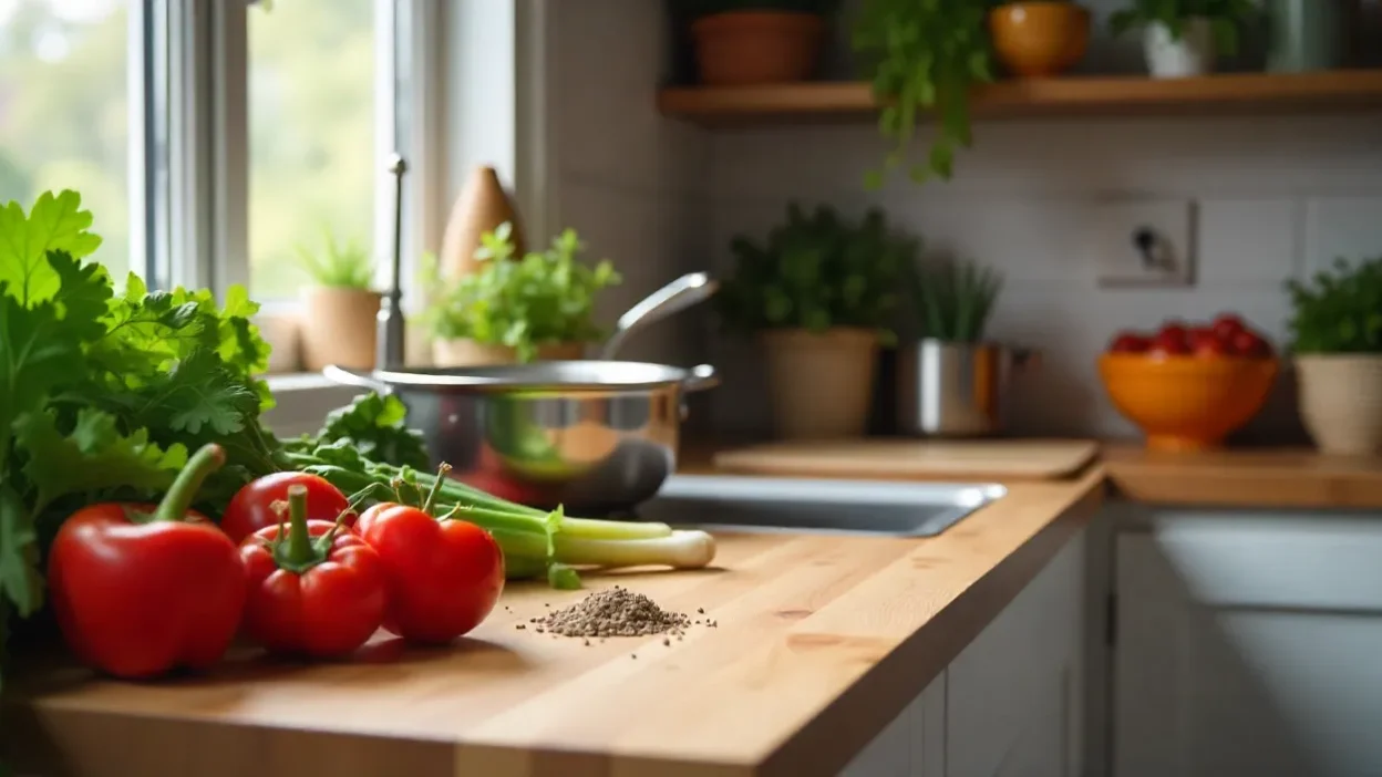 A modern home kitchen with fresh vegetables, herbs, spices, and cooking utensils arranged on a wooden countertop, highlighting a cozy cooking environment.