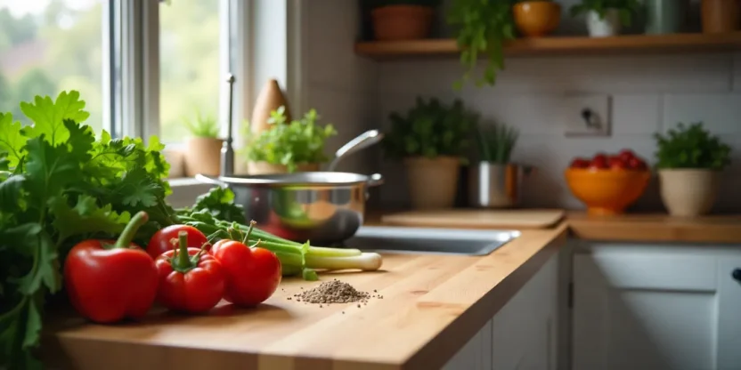 A modern home kitchen with fresh vegetables, herbs, spices, and cooking utensils arranged on a wooden countertop, highlighting a cozy cooking environment.
