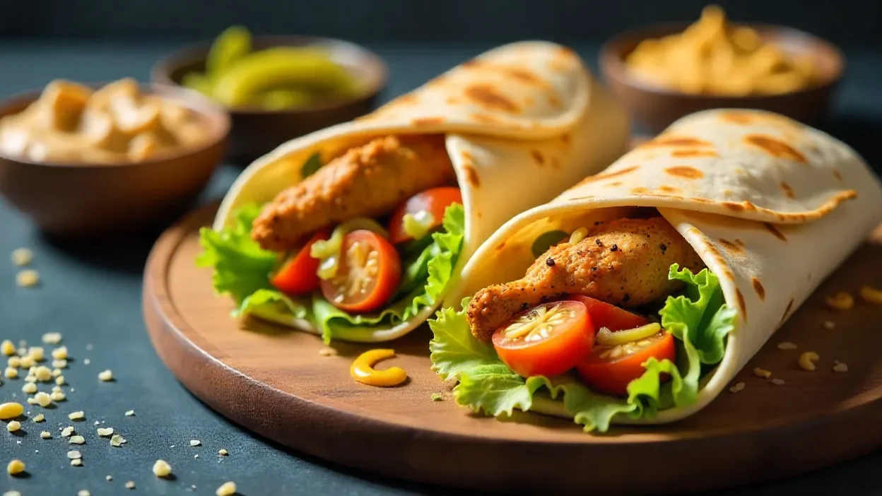 Homemade chicken shawarma wraps with fresh vegetables, garlic sauce, and tahini on a rustic wooden board, served with small side bowls of hummus.