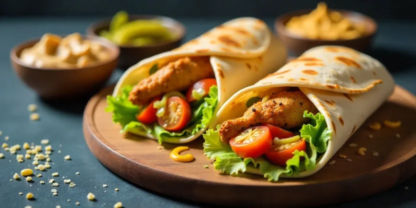 Homemade chicken shawarma wraps with fresh vegetables, garlic sauce, and tahini on a rustic wooden board, served with small side bowls of hummus.