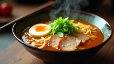 A delicious bowl of homemade ramen with soft-boiled egg, sliced pork, green onions, and nori, served in a traditional bowl with chopsticks, set in a cozy kitchen.