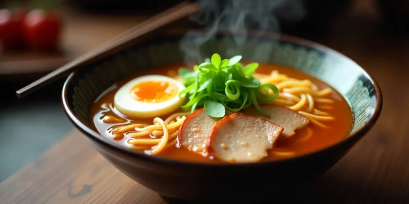 A delicious bowl of homemade ramen with soft-boiled egg, sliced pork, green onions, and nori, served in a traditional bowl with chopsticks, set in a cozy kitchen.