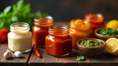 An assortment of colorful homemade sauces in jars and bowls, surrounded by fresh herbs and ingredients on a rustic wooden table.