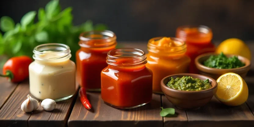 An assortment of colorful homemade sauces in jars and bowls, surrounded by fresh herbs and ingredients on a rustic wooden table.