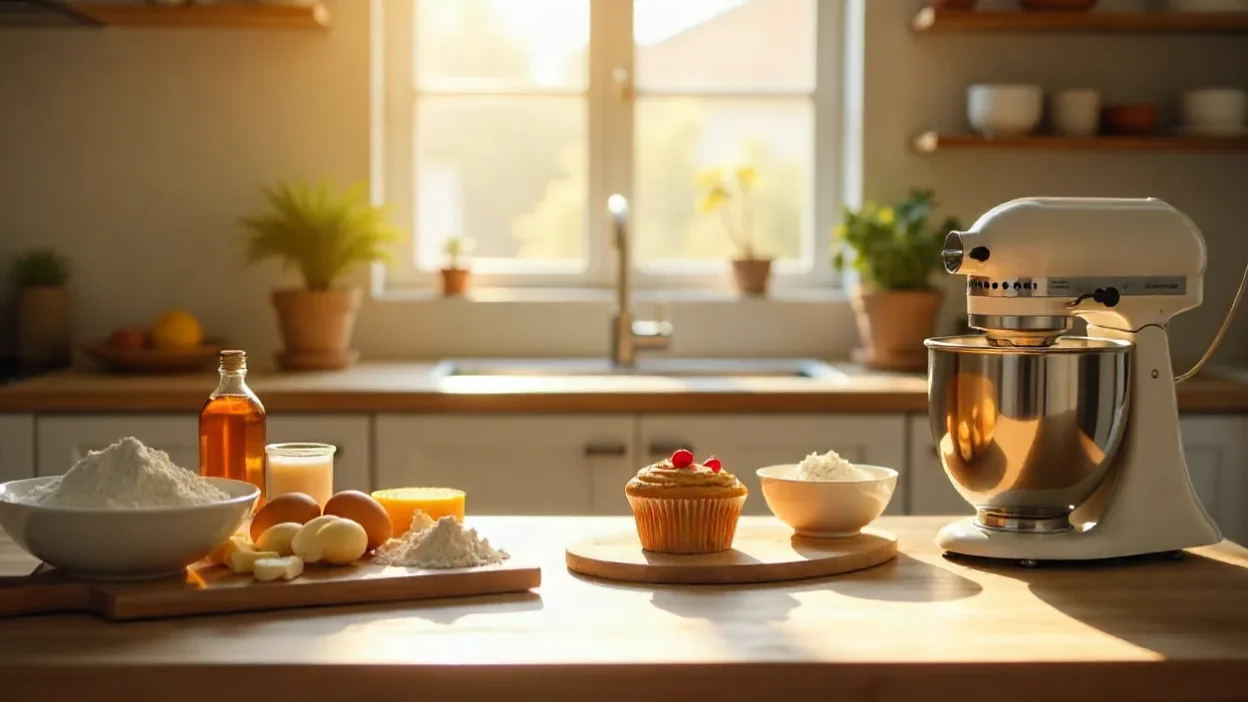 Baking ingredients and a freshly baked cake on a kitchen table with a mixer.