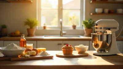 Baking ingredients and a freshly baked cake on a kitchen table with a mixer.