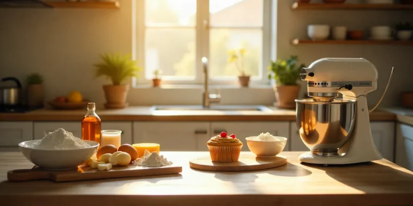 Baking ingredients and a freshly baked cake on a kitchen table with a mixer.
