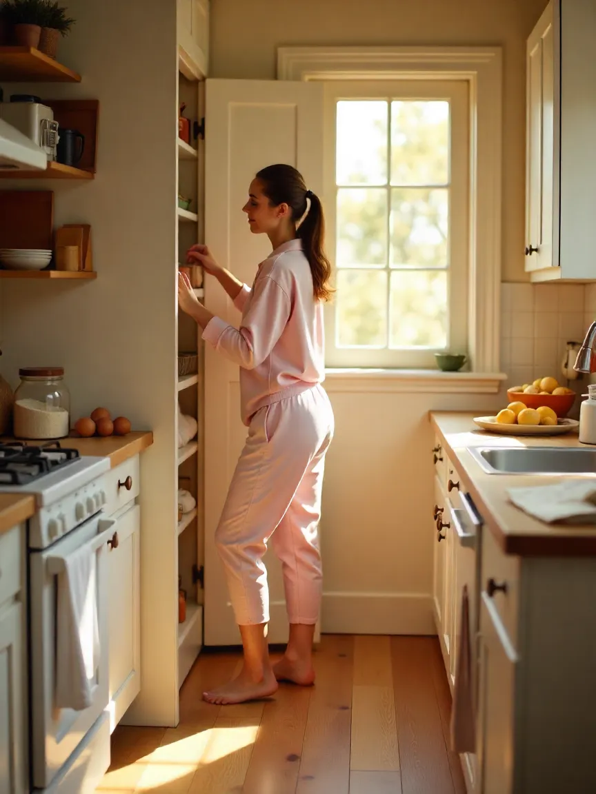 Person in pajamas opening pantry with baking ingredients like flour, eggs, and butter in a cozy kitchen.