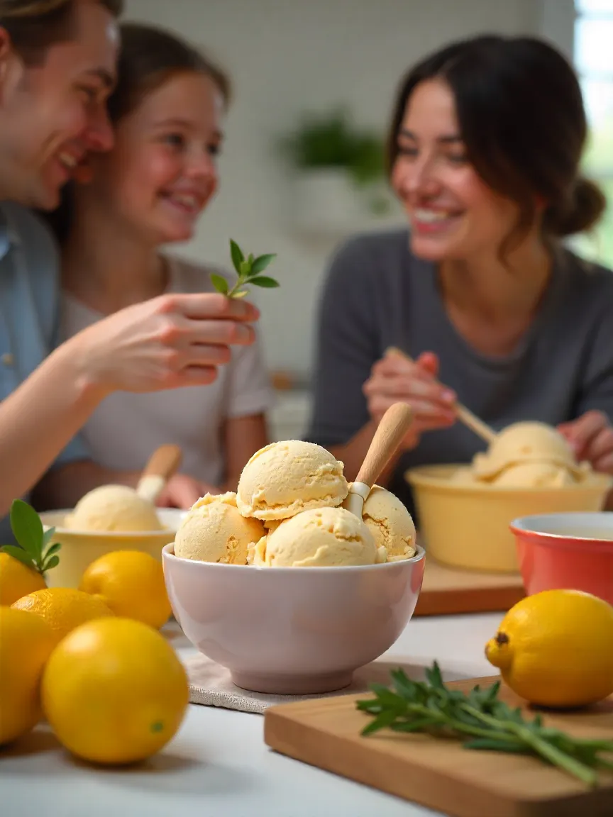 Friends making colorful homemade ice cream with fresh ingredients in a bright kitchen.