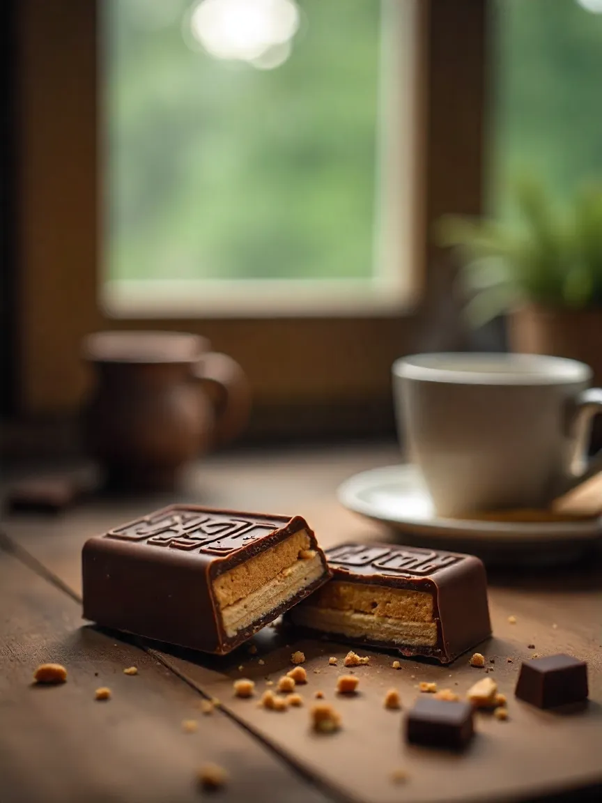 Homemade chocolate wafer bar broken to show layers, on a wooden table with raindrops outside the window and chocolate crumbs around.