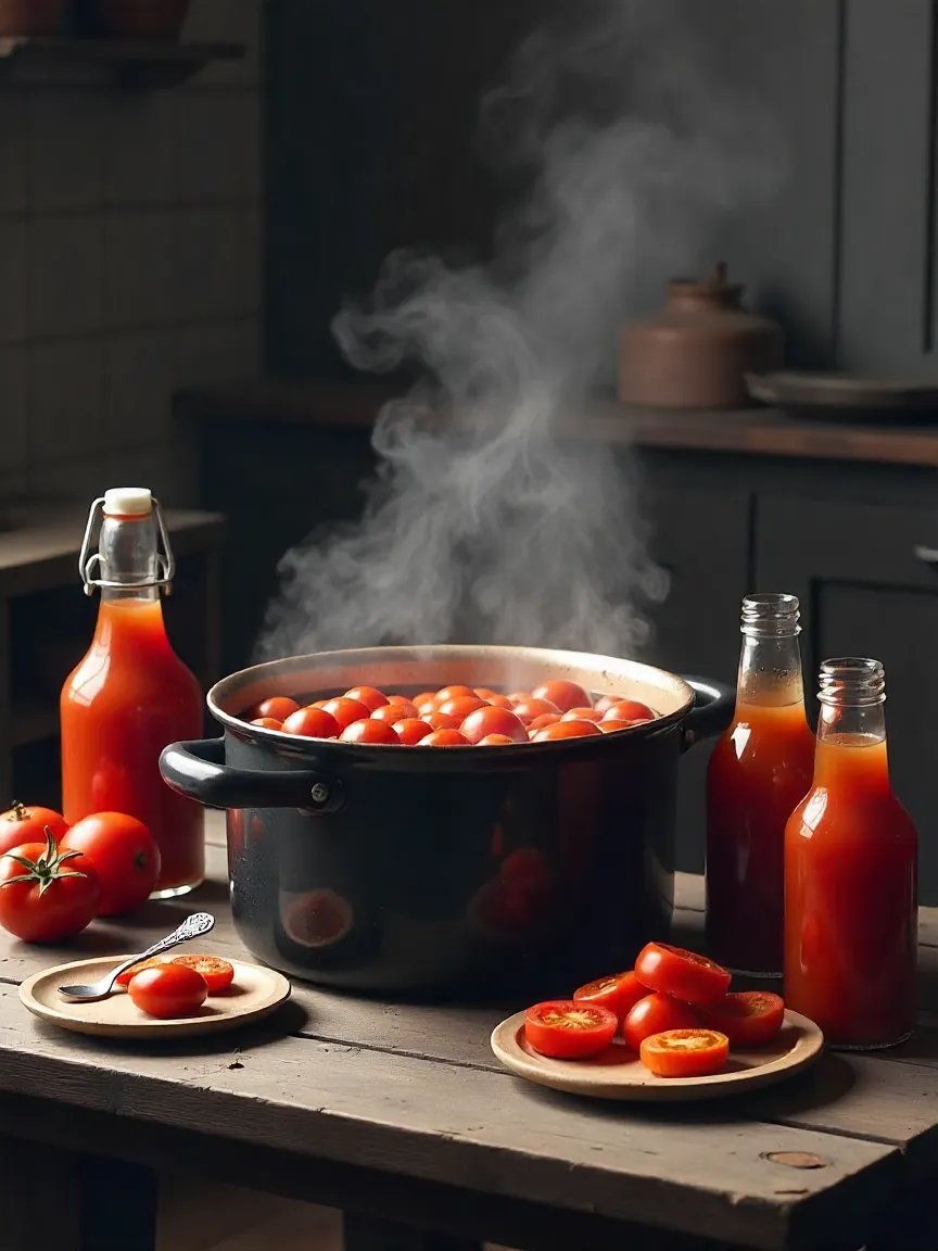 19th-century preparation of medicinal ketchup with tomatoes, vinegar, spices, and tomato pills made from dried sauce.