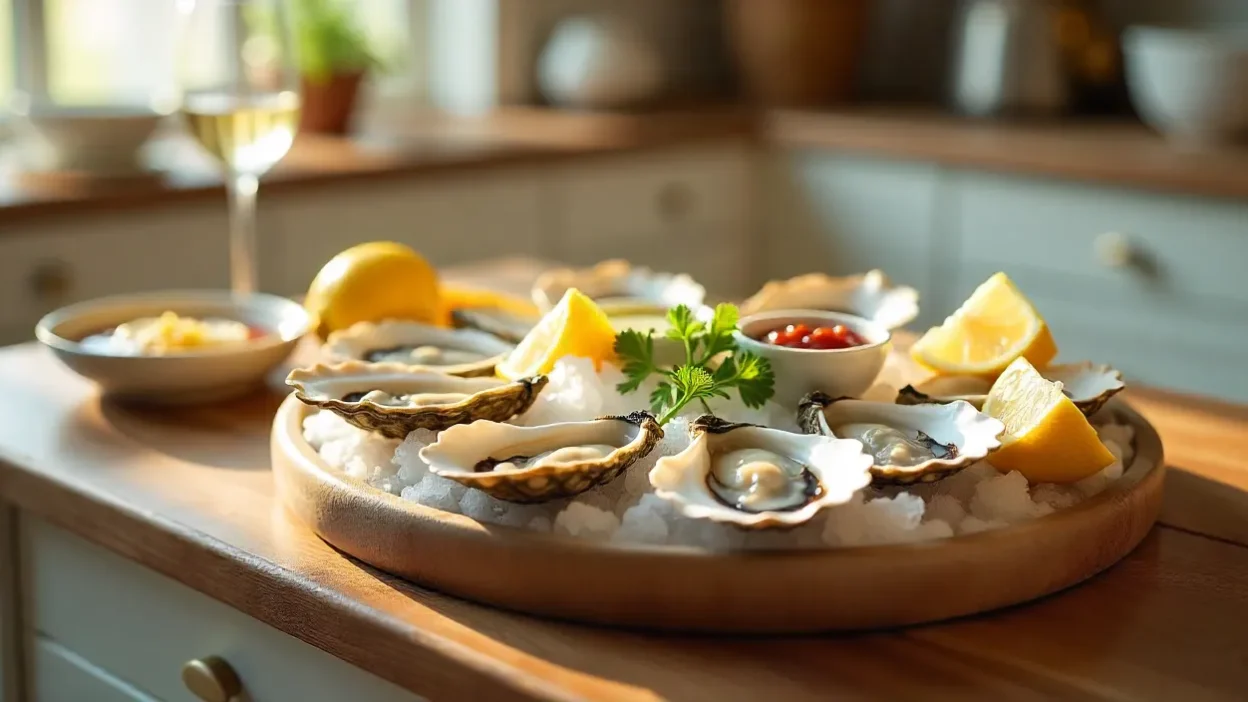 Freshly shucked oysters served on ice with lemon wedges, mignonette sauce, garlic butter, and a glass of white wine on a rustic wooden table.