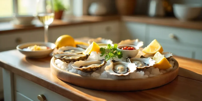 Freshly shucked oysters served on ice with lemon wedges, mignonette sauce, garlic butter, and a glass of white wine on a rustic wooden table.