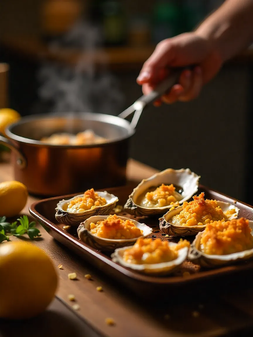 Oysters being cooked three ways: steaming in a pot, grilling with garlic butter, and baking with breadcrumbs and cheese for a golden finish.