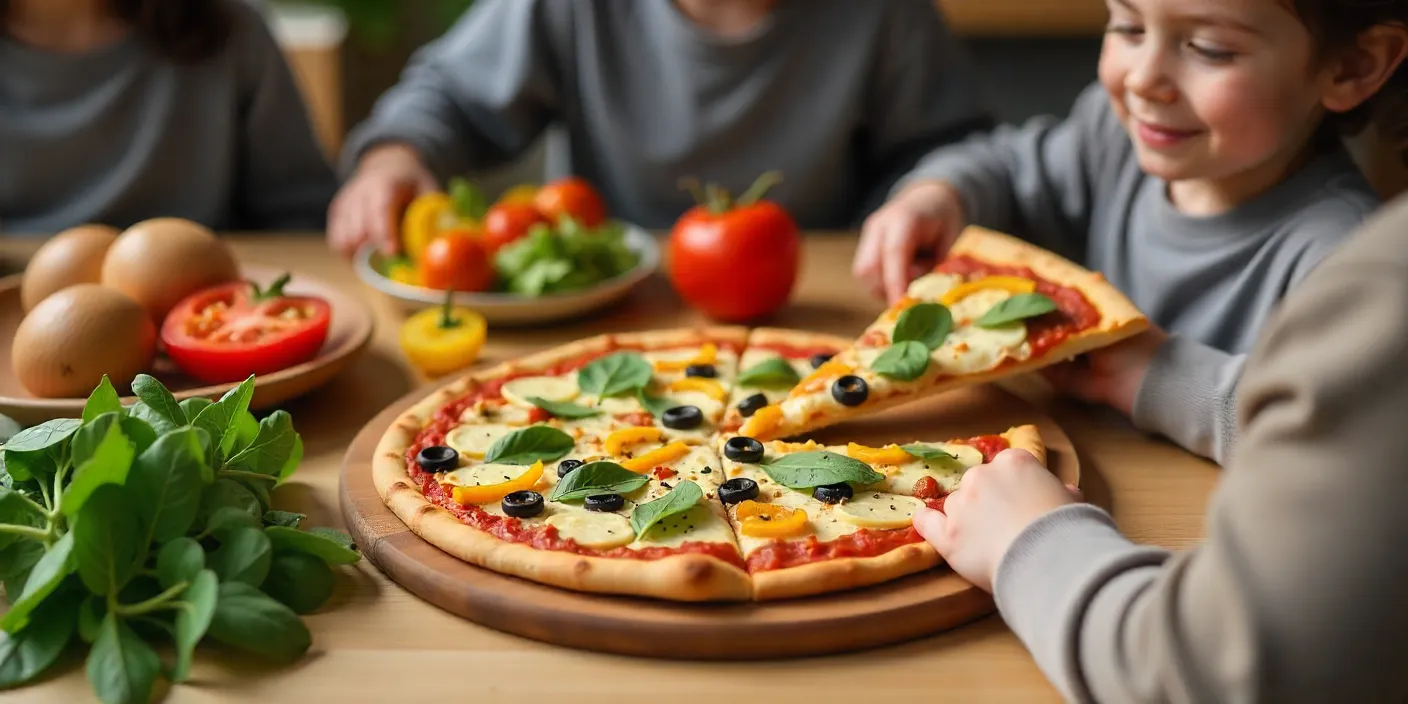 Family enjoying healthy homemade pizza and salad at a bright kitchen table with fresh ingredients.