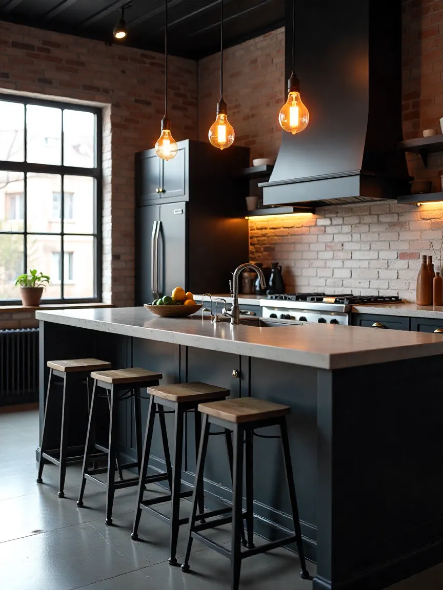Modern industrial kitchen with metal and wood bar stools at a central island, paired with brick walls and black cabinets for a stylish, urban look.