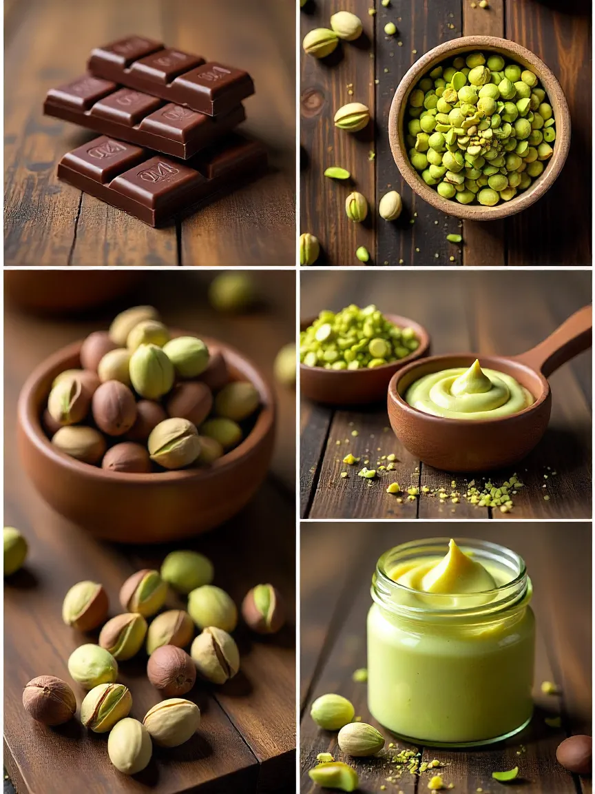 Collage of dark and milk chocolate bars, whole and chopped pistachios, and a jar of pistachio butter on a wooden table.