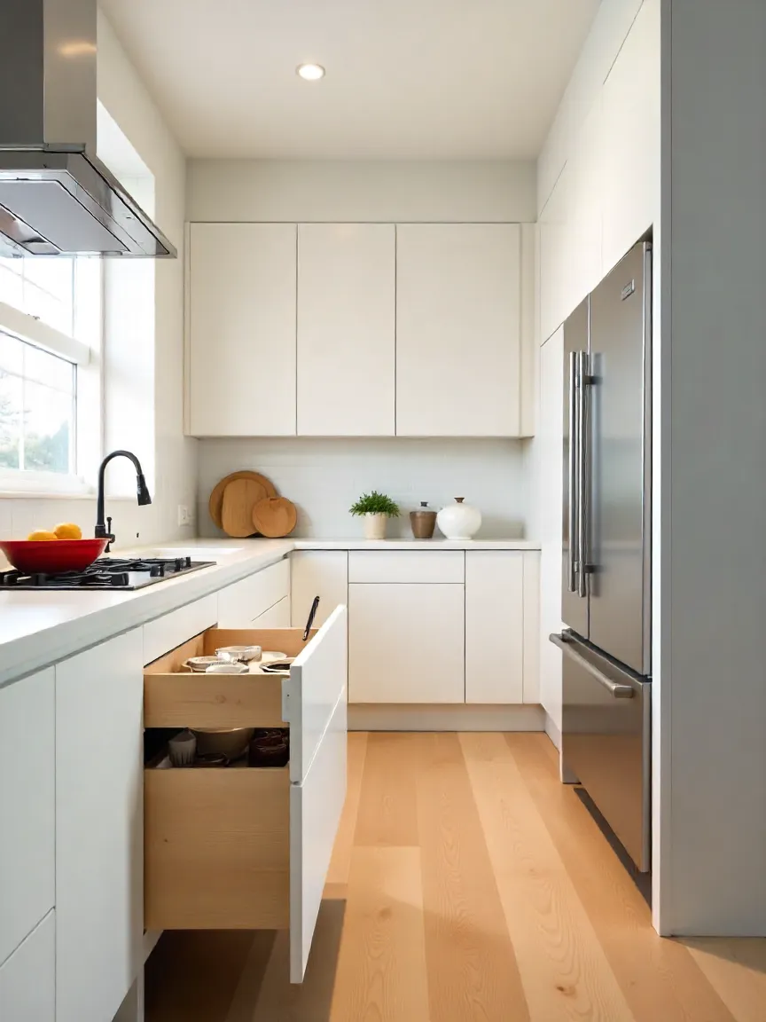 A modern kitchen with innovative storage solutions, including pull-out pantries, custom drawer dividers, induction cooktop, and integrated appliances, maximizing both function and style.