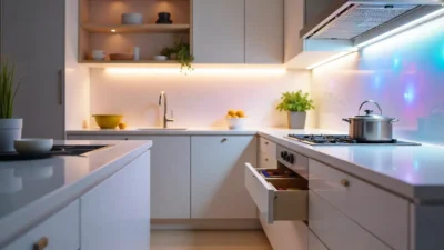 A modern kitchen with innovative storage solutions, including pull-out pantries, custom drawer dividers, an induction cooktop, and panel-ready appliances, all with sleek, minimalist design.