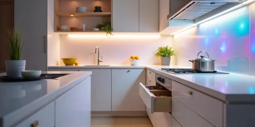 A modern kitchen with innovative storage solutions, including pull-out pantries, custom drawer dividers, an induction cooktop, and panel-ready appliances, all with sleek, minimalist design.