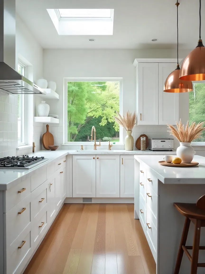 Modern white kitchen with minimalist cabinets, marble countertop, and pendant lights over an island.