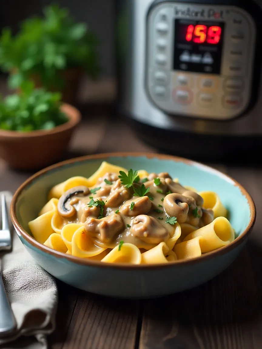 Creamy Instant Pot beef stroganoff with mushrooms and parsley served over egg noodles.