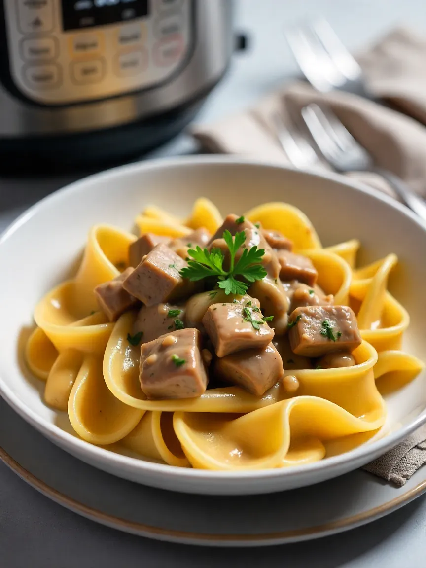 A bowl of creamy beef stroganoff with egg noodles, mushrooms, and parsley garnish, served next to an Instant Pot for a cozy, homemade dinner vibe.